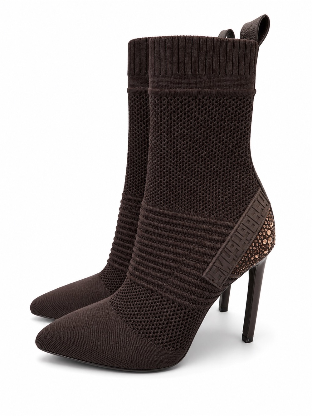 Steve Madden Brown Knit Sock Booties with Embellished Heel
